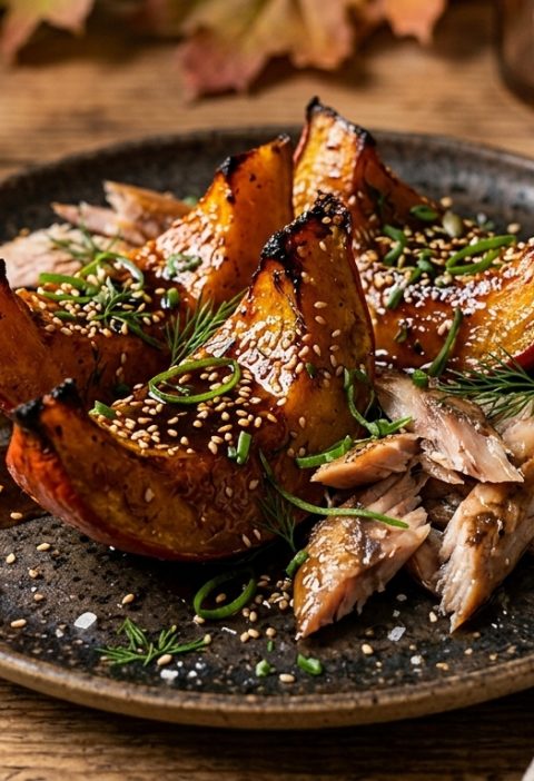 Potimarron confit avec hareng fumé et caramel de miso dans un bol élégant